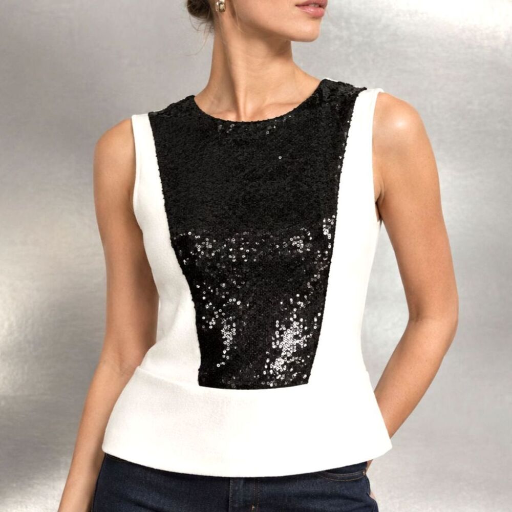 Calvin Klein Sequin Peplum Top White Black Colorblock Sleeveless Holiday Shine S